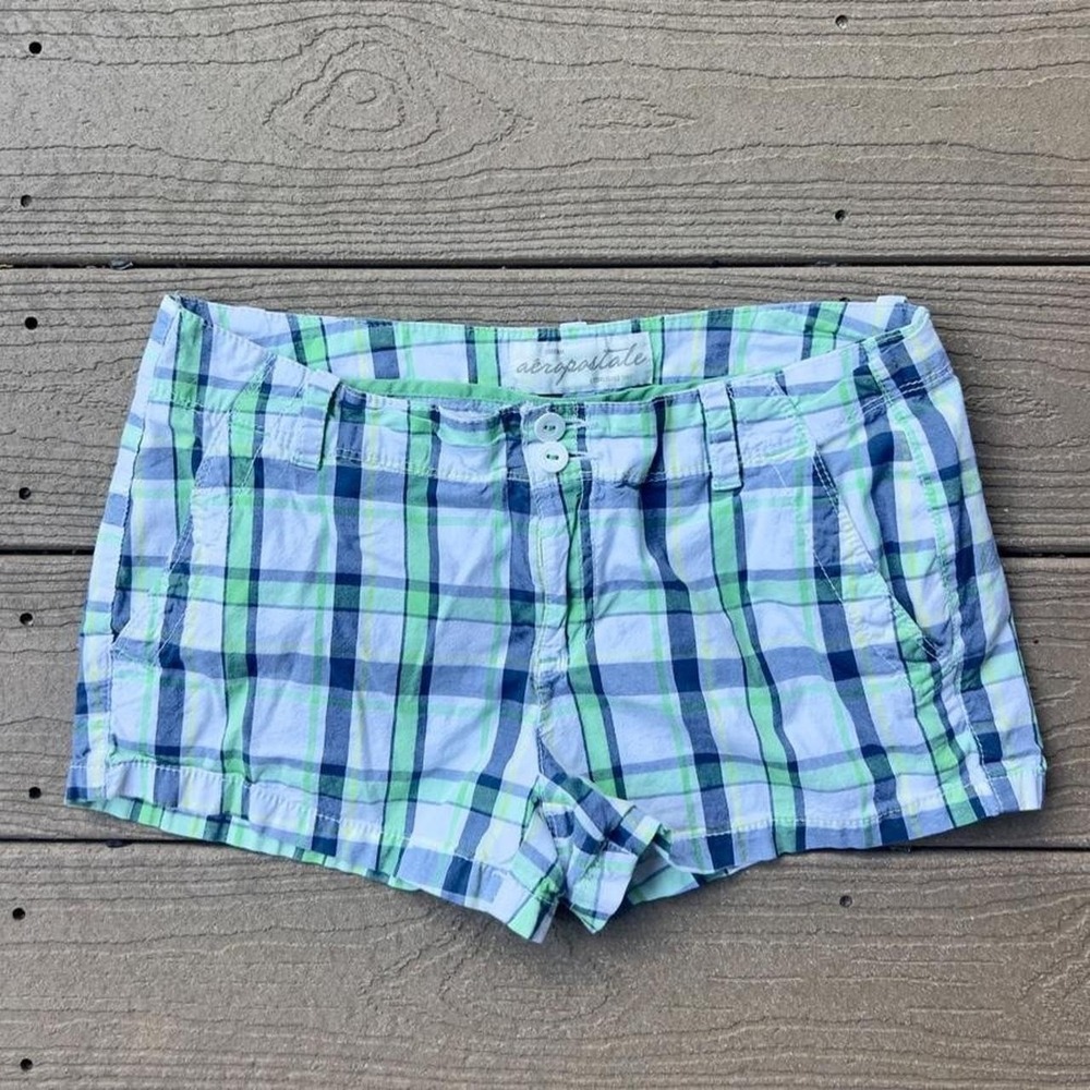 Vintage Y2K Aeropostale Blue & Green Plaid Mini Shorts Low Rise Cotton Sz 7/8